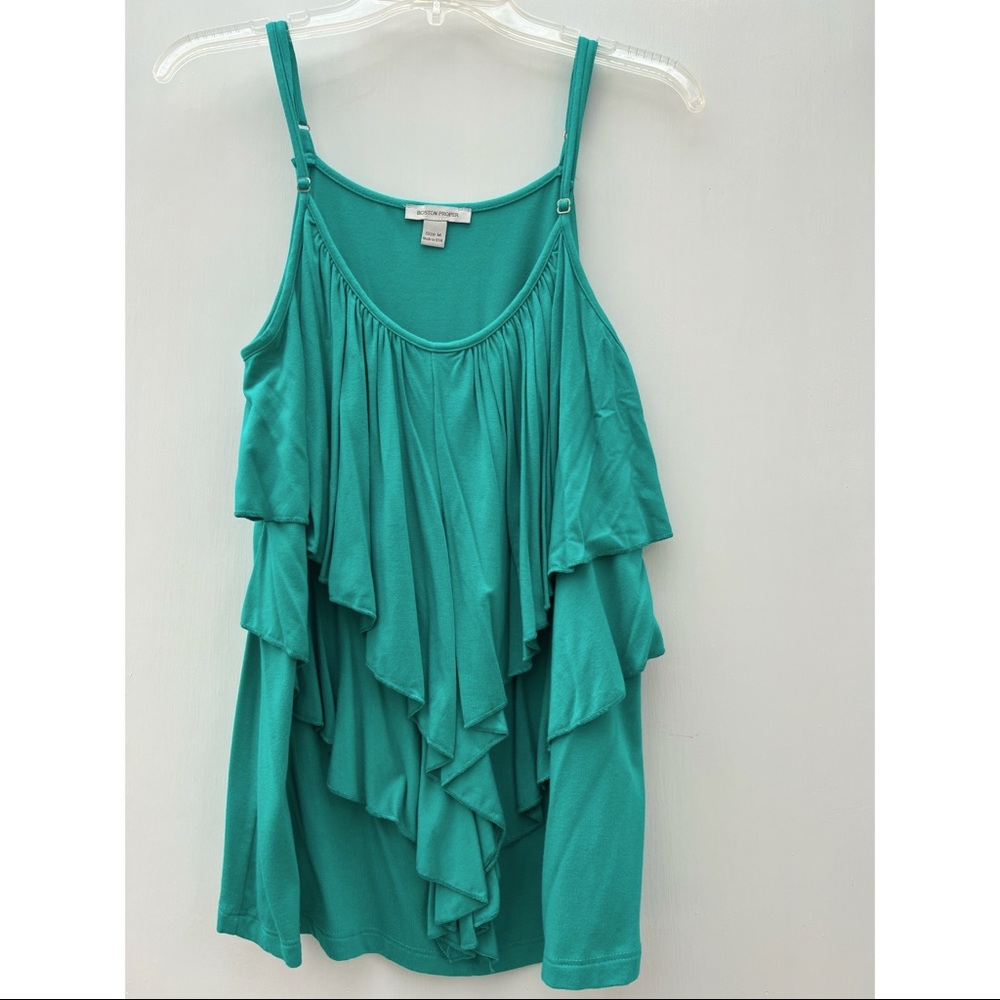 Boston Proper Green Tiered Ruffle Adjustable Spaghetti Strap Flowy Top